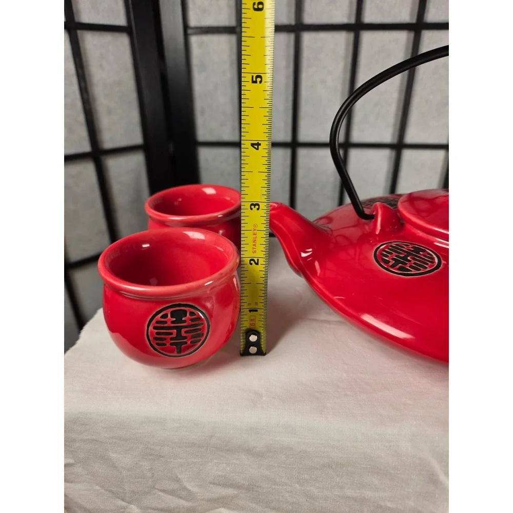 Red Double Happiness Ceramic Tea Set Teapot and 4 Cups Chinese Wedding Decor